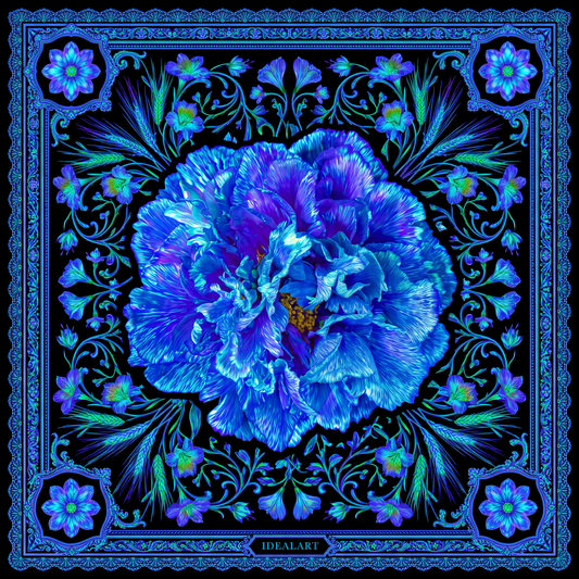 Foulard carré en Soie « Pivoine Cœur Bleu »