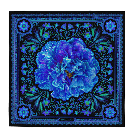 Foulard carré en Soie « Pivoine Cœur Bleu »