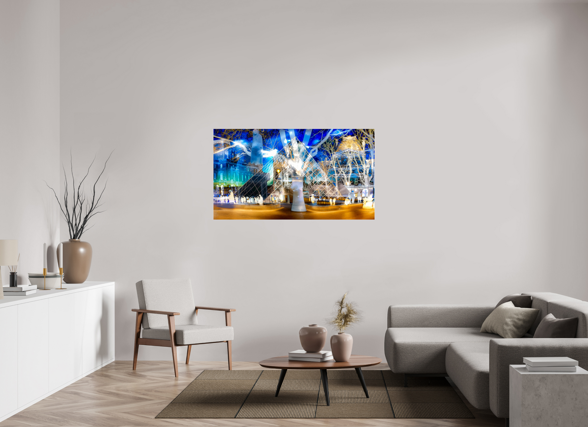 144 x 81 cm, 3 Tirage photo sous Verre acrylique Sous la pyramide cette nuit-là, l’architecture a décidé de raconter l’histoire