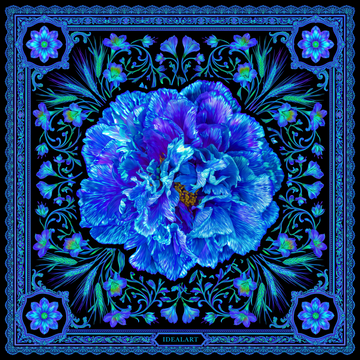 Foulard carré en Soie « Pivoine Cœur Bleu »