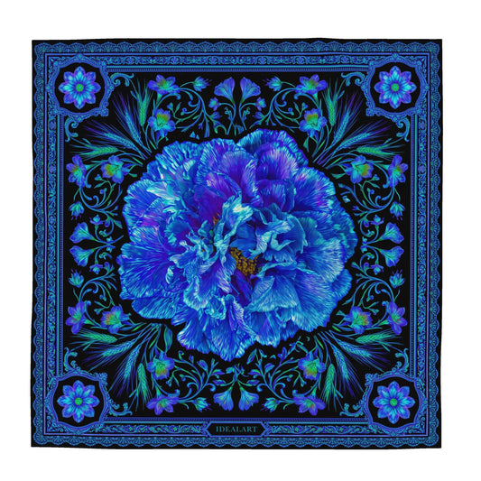 Foulard carré en Soie « Pivoine Cœur Bleu »