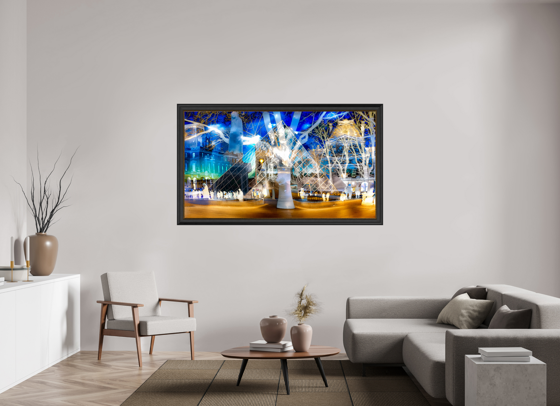 176 x 99 cm, 11 Cadre Noir-Or Sous la pyramide cette nuit-là, l’architecture a décidé de raconter l’histoire