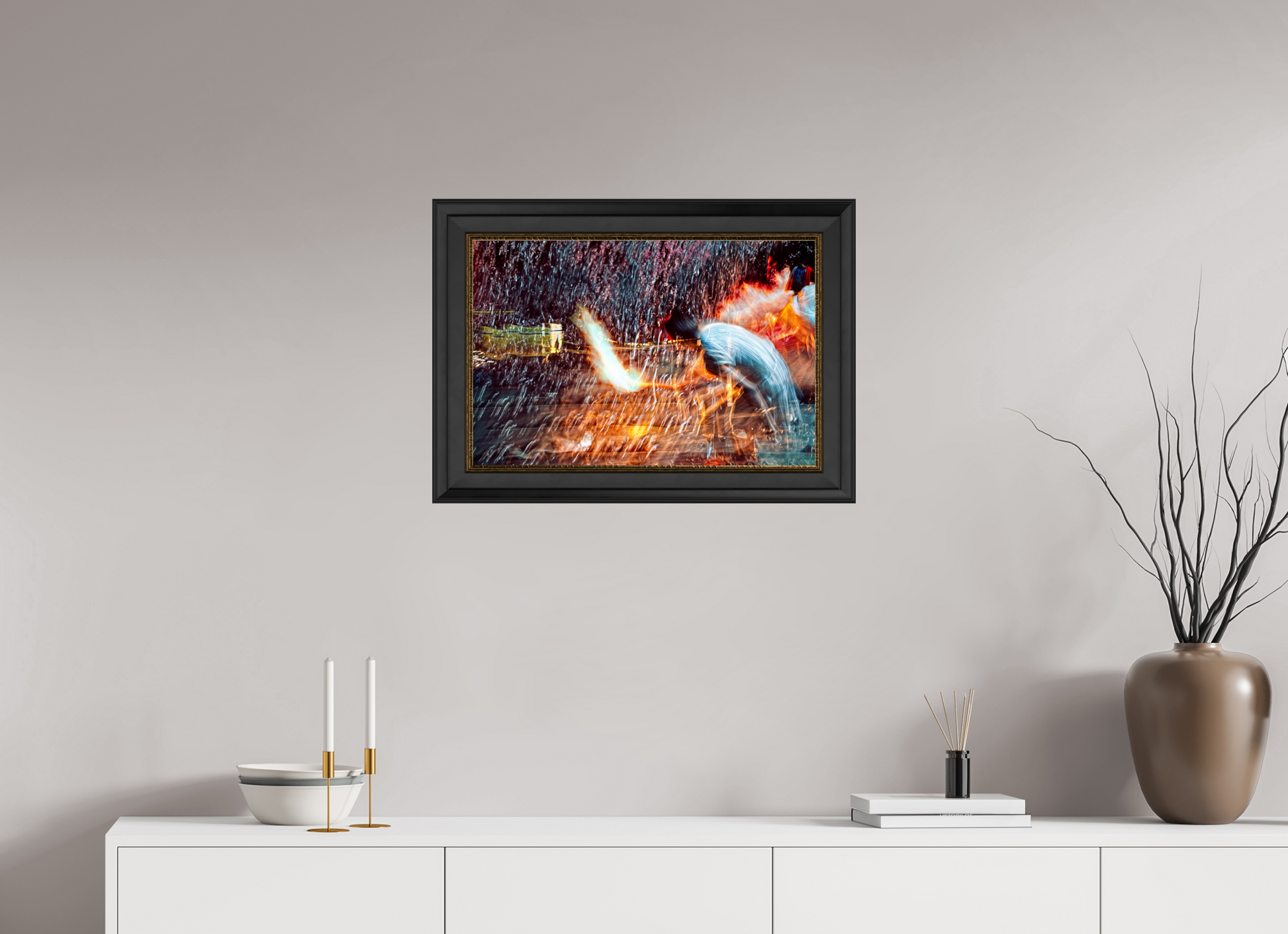 60 x 40 cm, 11 Cadre Noir-Or Rituel où le feu apprend le rythme