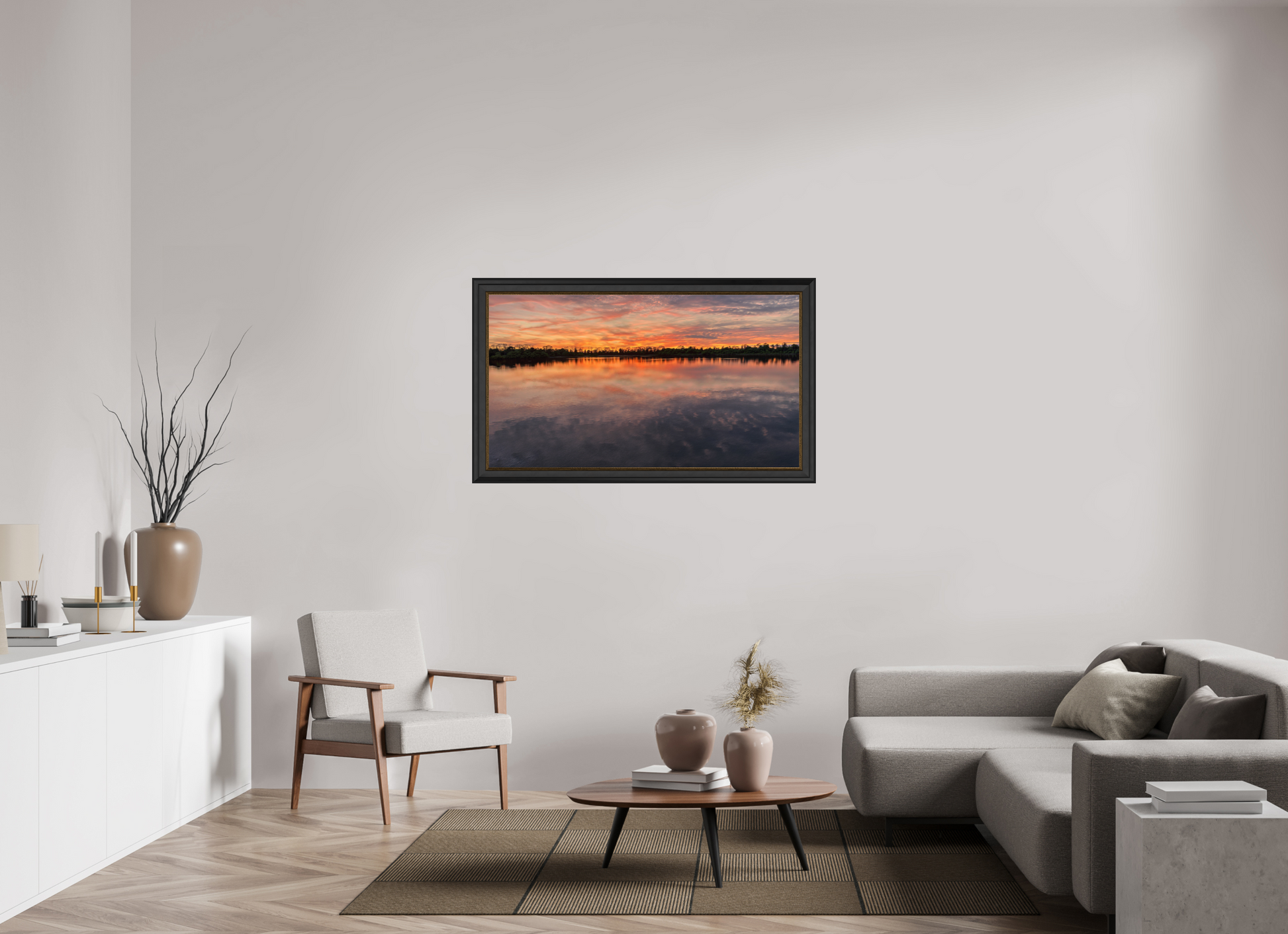 128 x 72 cm, Cadre Noir-Or Reflets d’un Même Ciel VI – L'Infini en Reflet