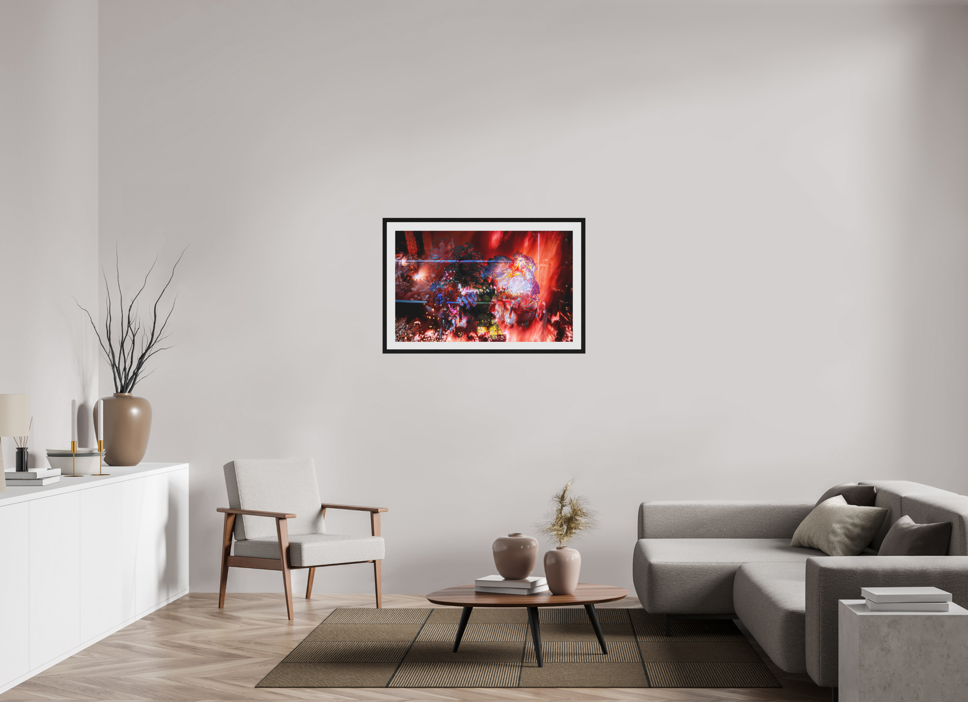 96 x 60 cm, Cadre Noir Flottant L’étreinte des pétales ardents