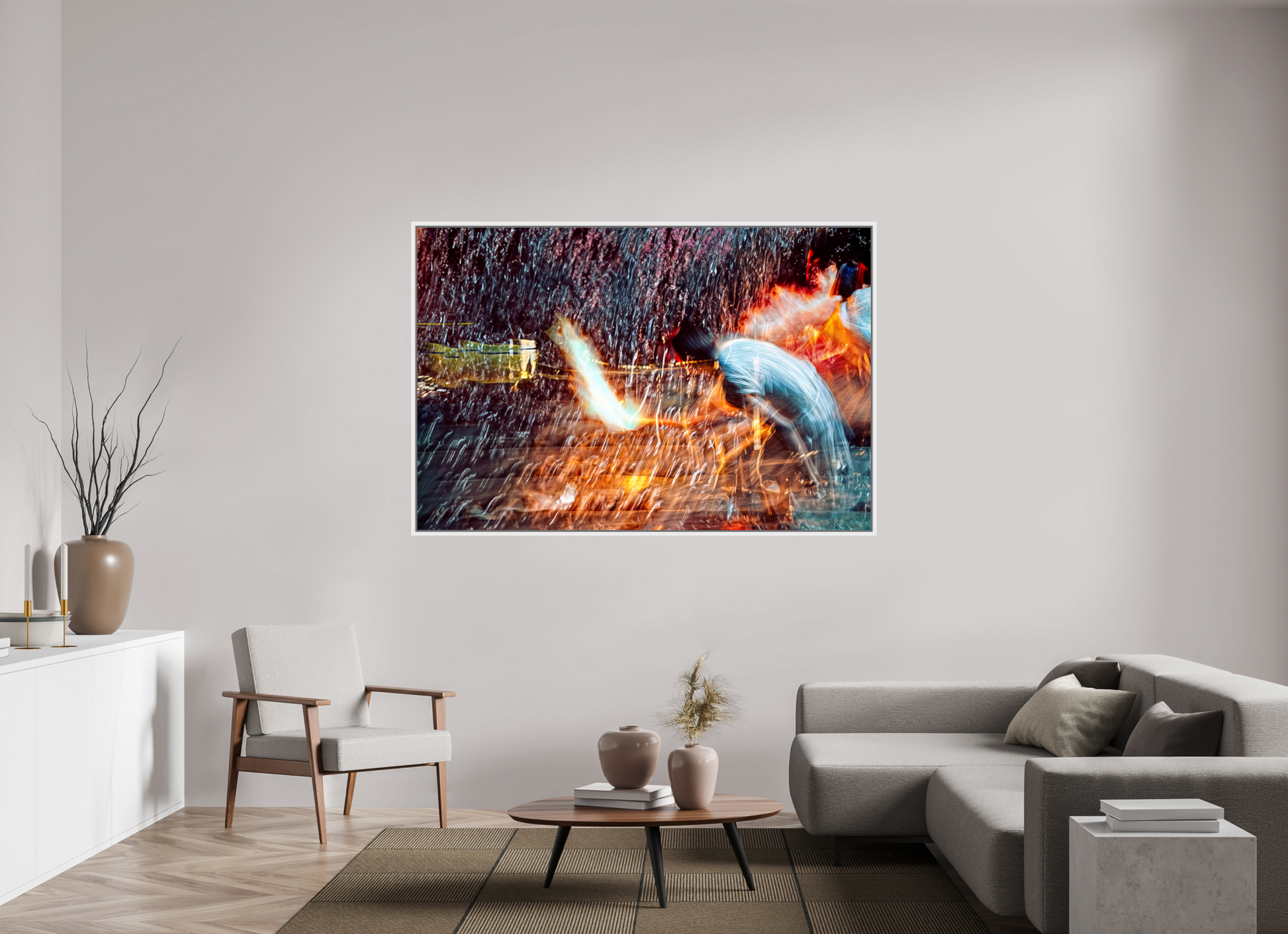 180 x 120 cm, 9 Caisse américaine Blanche Rituel où le feu apprend le rythme