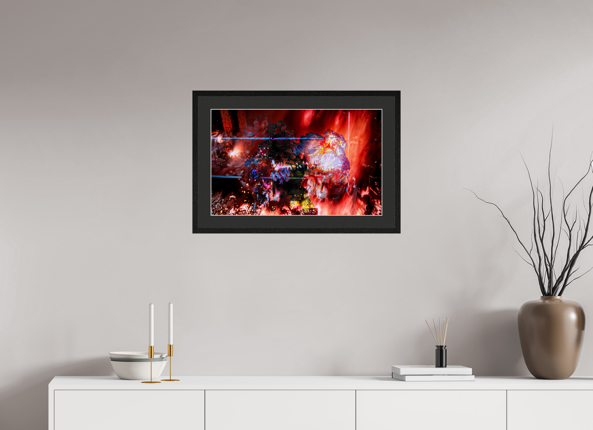 64 x 40 cm, Cadre Noir : Passe-Partout Noir lisière Blanche L’étreinte des pétales ardents