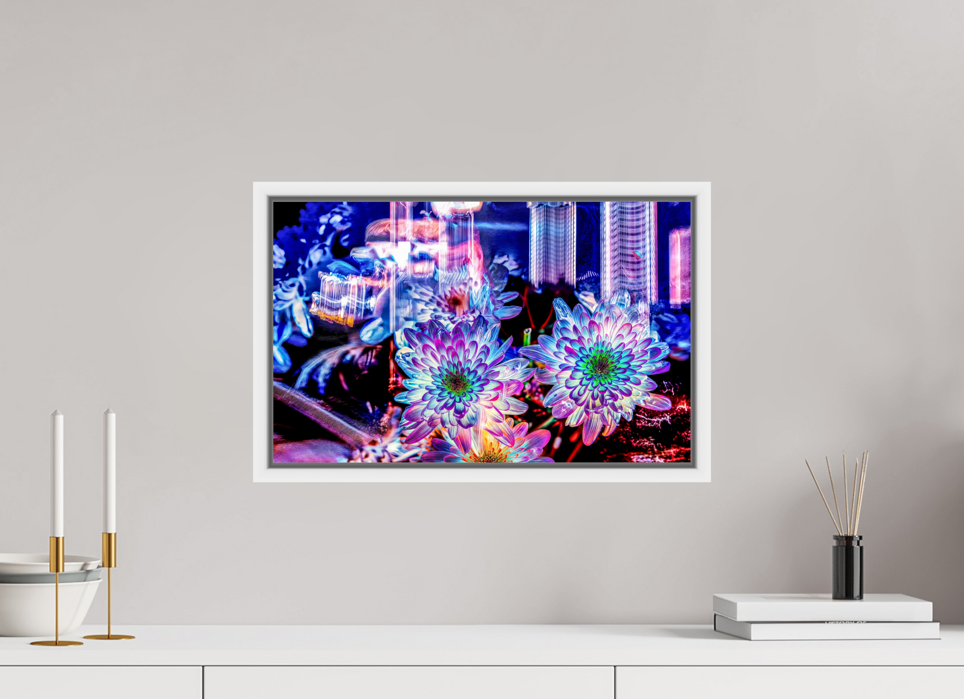 48 x 30 cm, 9 Caisse américaine Blanche Murmure floral suspendu entre deux éclairs