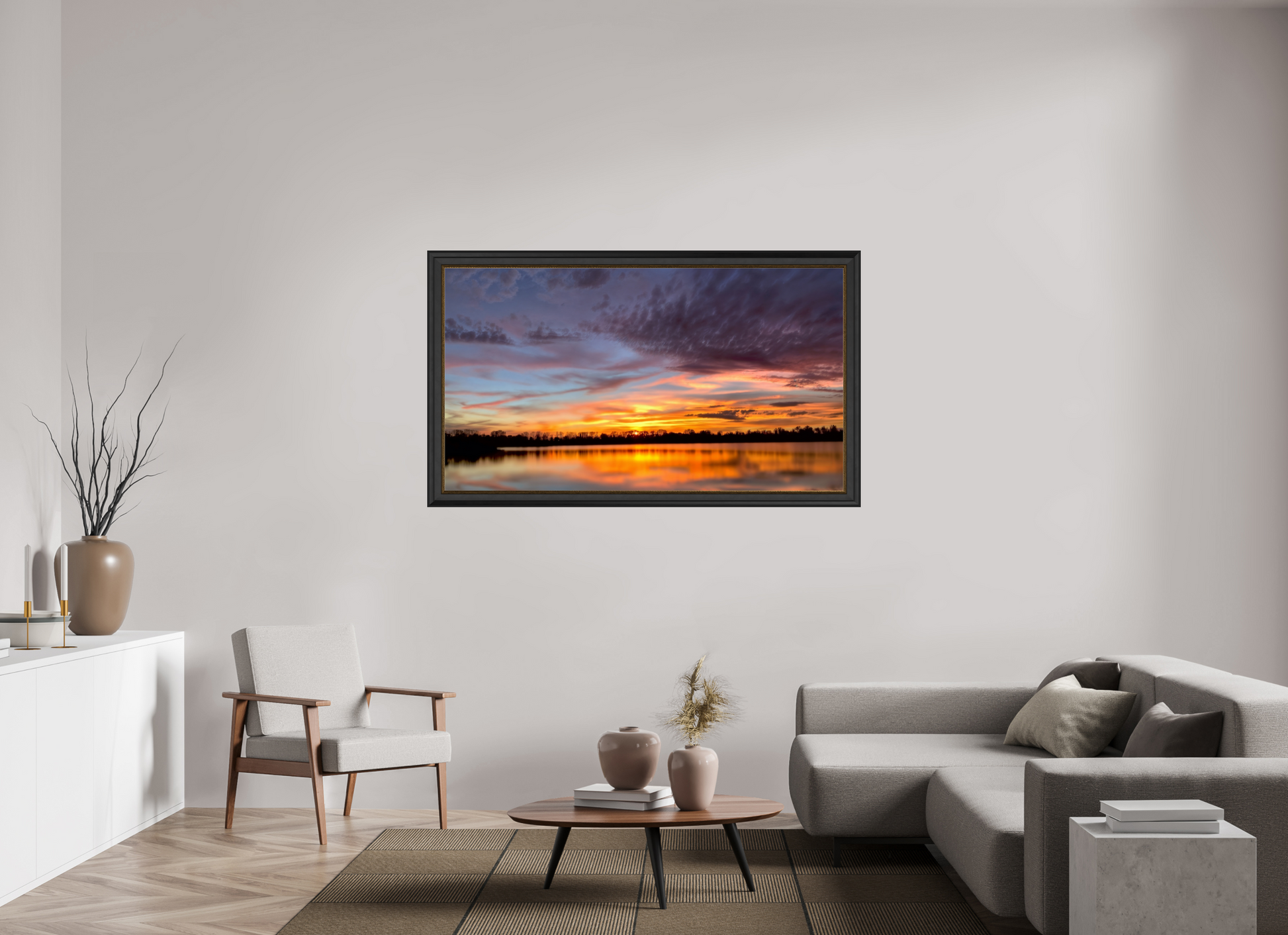 160 x 90 cm, Cadre Noir-Or 11 Reflets d’un Même Ciel XI – L’Éclat du Couchant