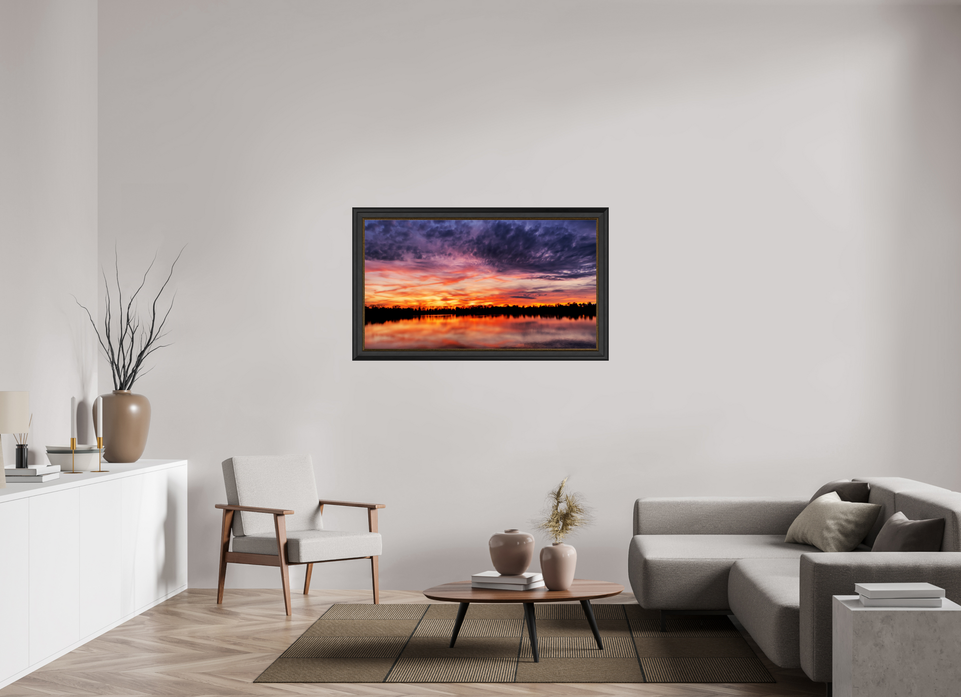 128 x 72 cm, Cadre Noir-Or Reflets d’un Même Ciel III – L’Heure Incandescente