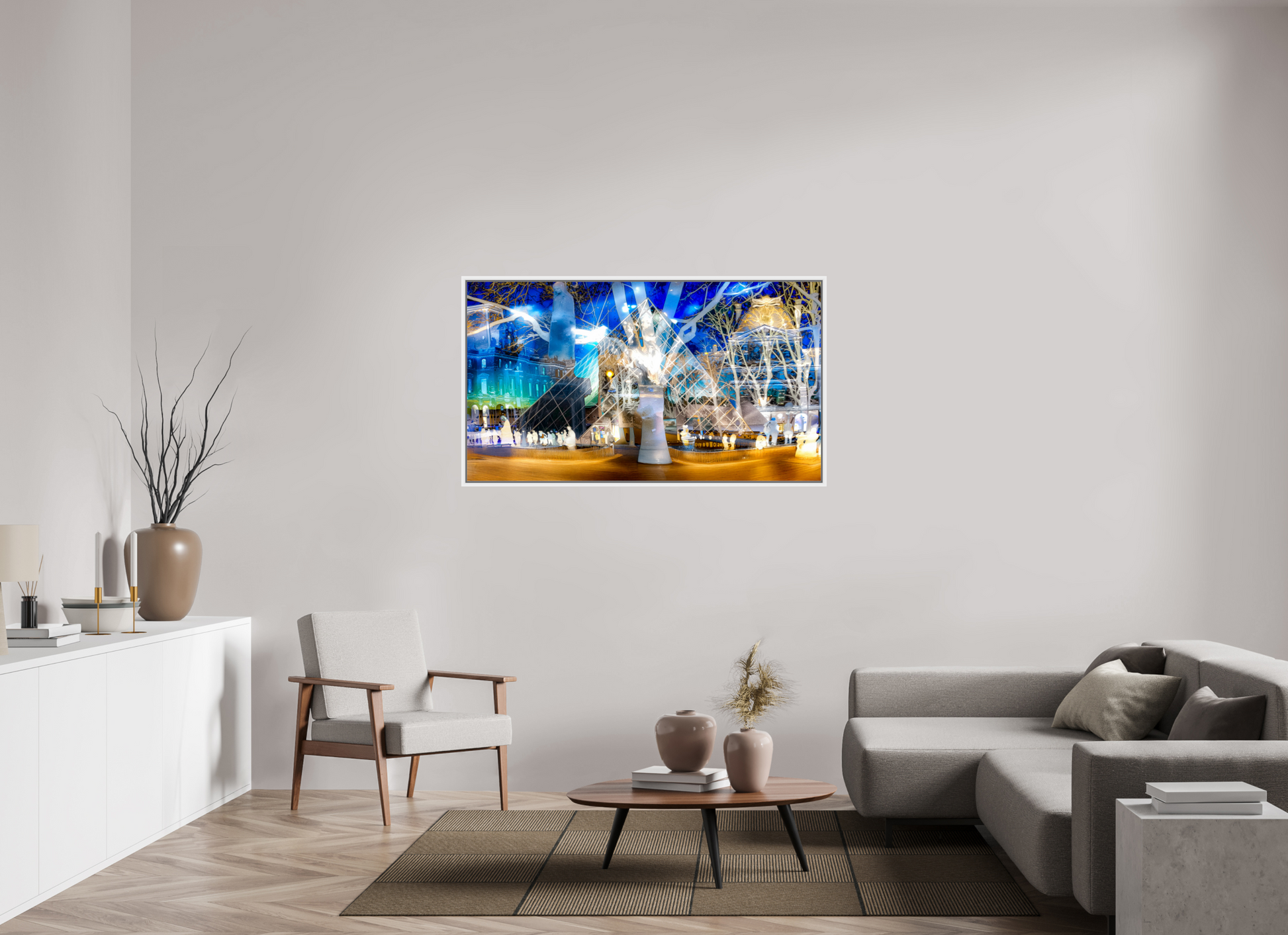 144 x 81 cm, 9 Caisse américaine Blanche Sous la pyramide cette nuit-là, l’architecture a décidé de raconter l’histoire