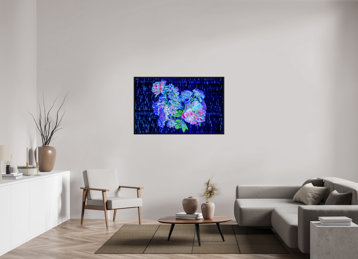 128 x 80 cm, Caisse américaine Noire Floraisons au cœur du code stellaire