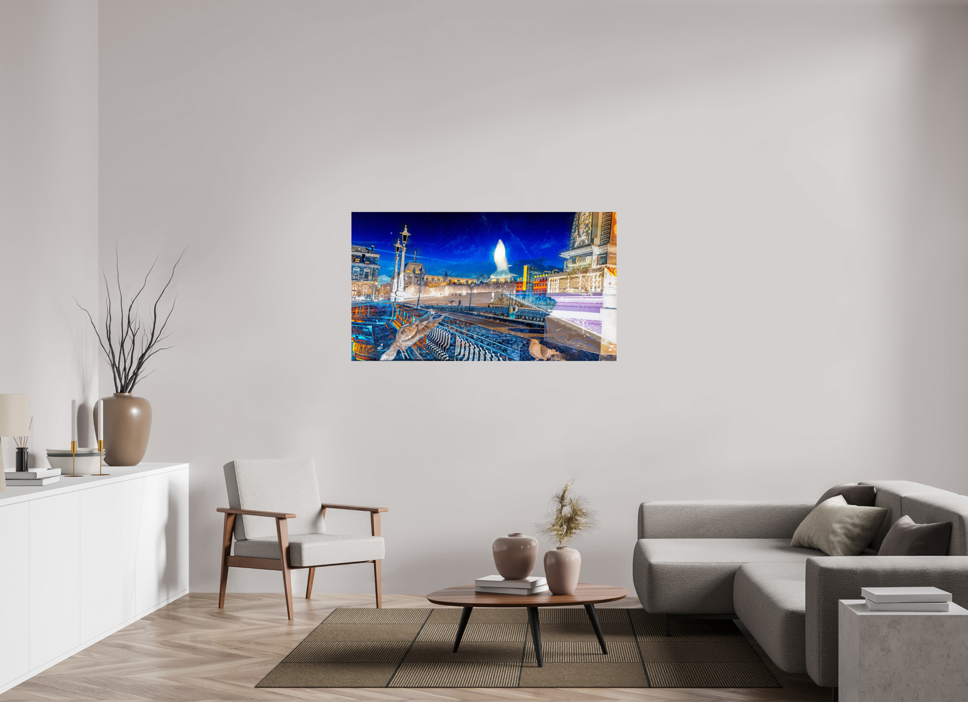 144 x 81 cm, 3 Tirage photo sous Verre acrylique Les oiseaux gardaient la ville pendant que nous dormions
