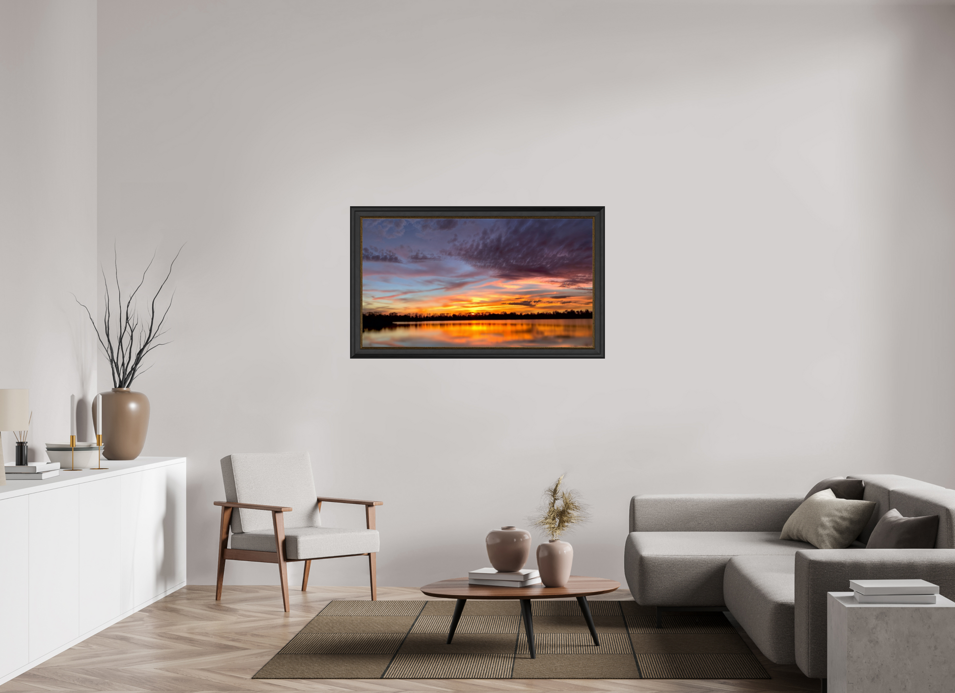 128 x 72 cm, Cadre Noir-Or 11 Reflets d’un Même Ciel XI – L’Éclat du Couchant
