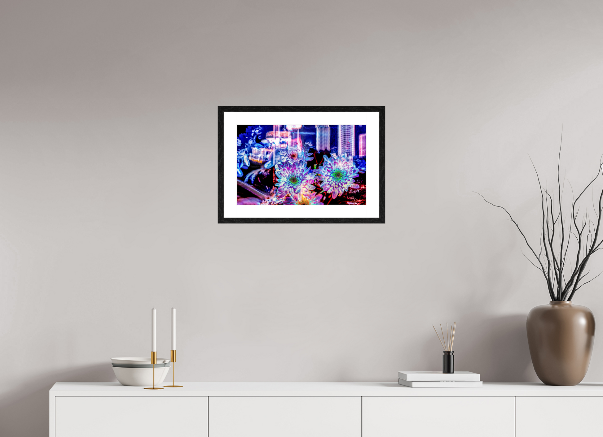 48 x 30 cm, 4 Cadre Noir : Passe-Partout Blanc Murmure floral suspendu entre deux éclairs