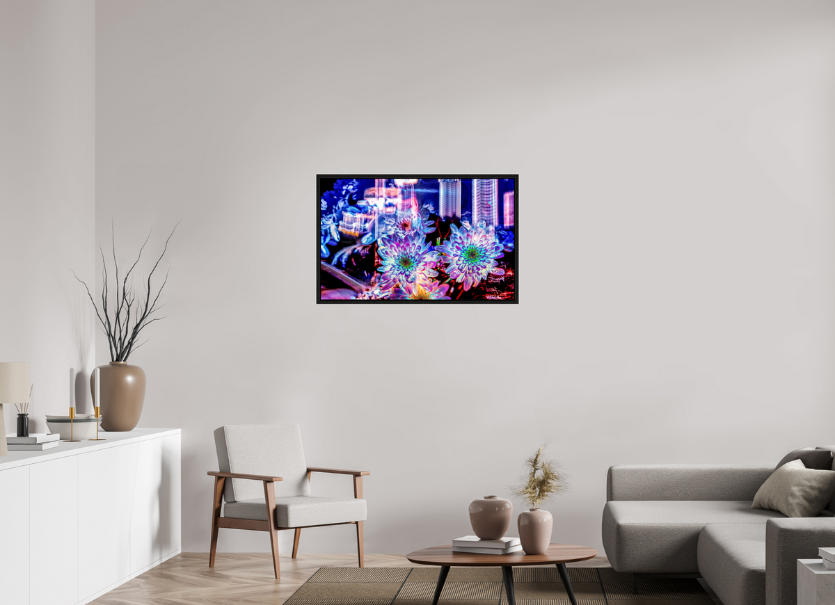 96 x 60 cm, Caisse américaine Noire Murmure floral suspendu entre deux éclairs