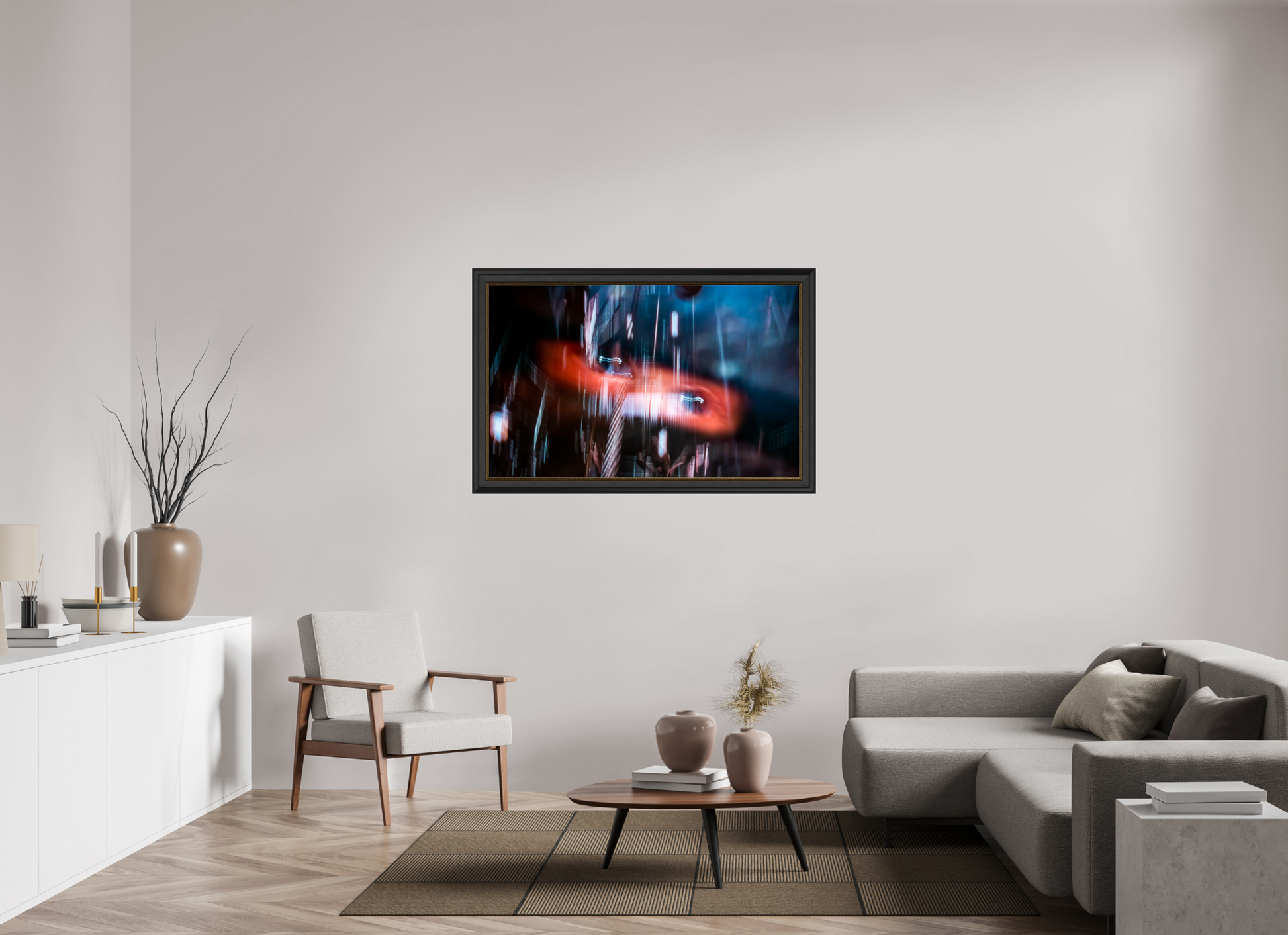 128 x 80 cm, Cadre Noir-Or Un sillage de lumière fend l'obscurité.