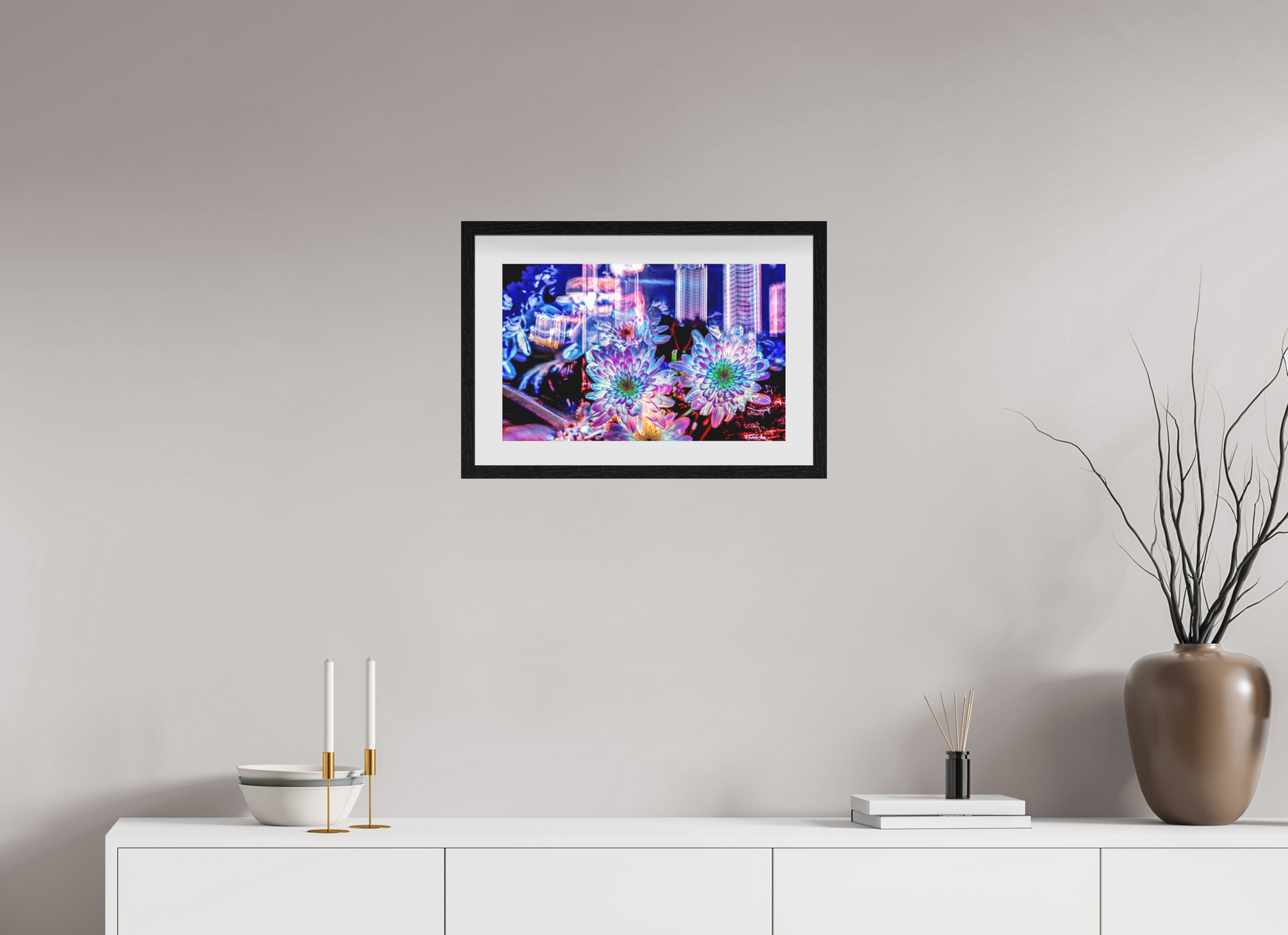 48 x 30 cm, 10 Cadre Noir Flottant Murmure floral suspendu entre deux éclairs