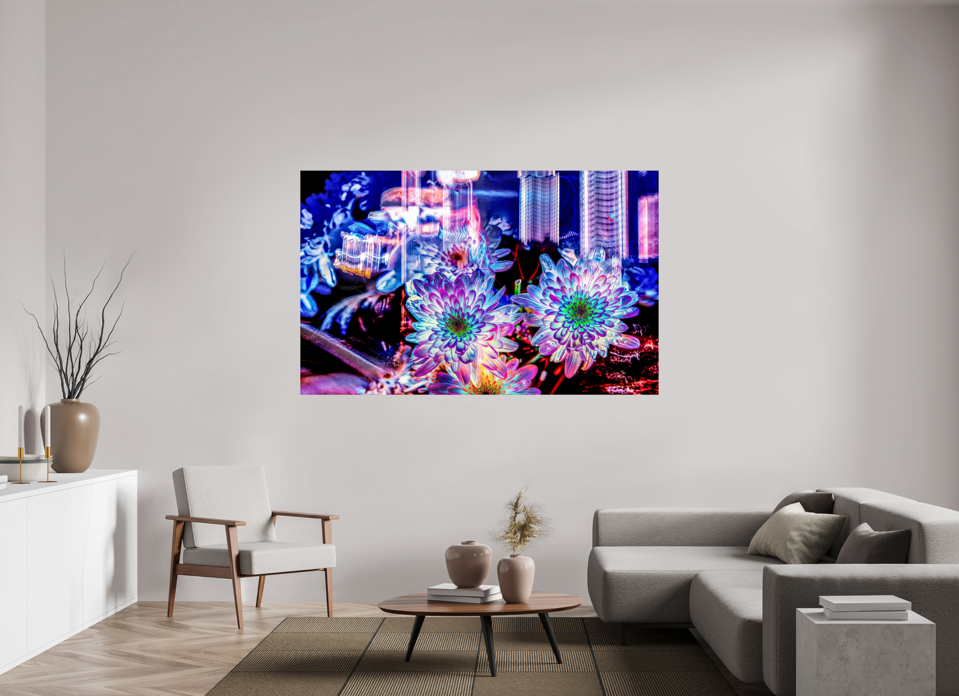 192 x 120 cm, 1 Tirage simple sur papier photo Fuji Crystal Pearl Murmure floral suspendu entre deux éclairs