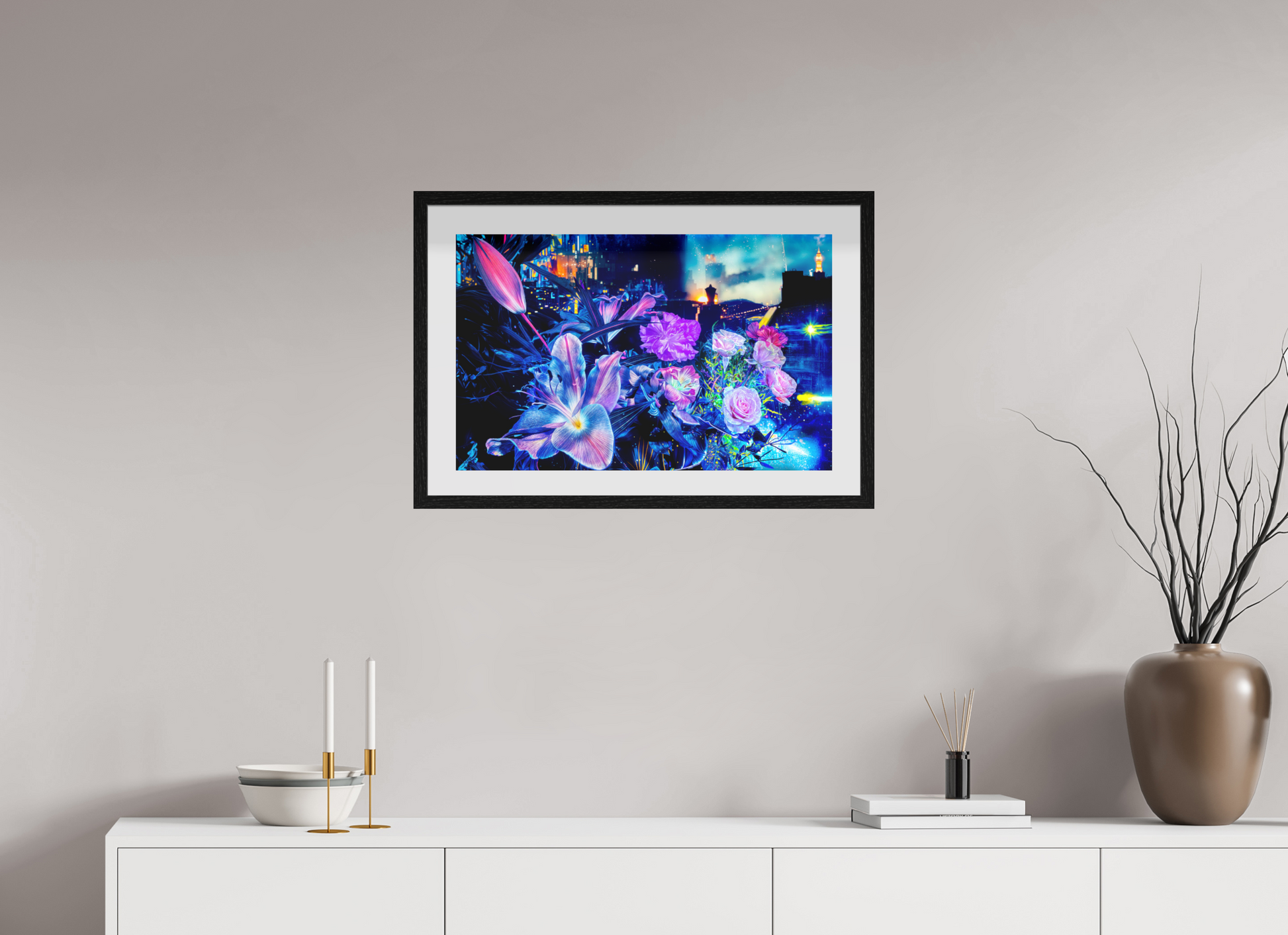 63,8 x 40 cm, 10 Cadre Noir Flottant Les pétales qui veillent sur la métropole