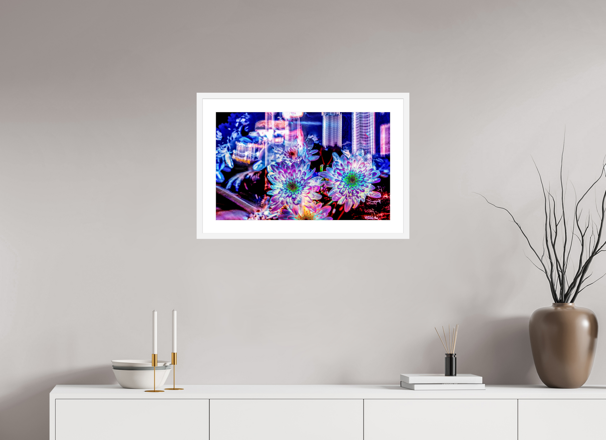 64 x 40 cm, 6 Cadre Blanc : Passe-Partout Blanc Murmure floral suspendu entre deux éclairs