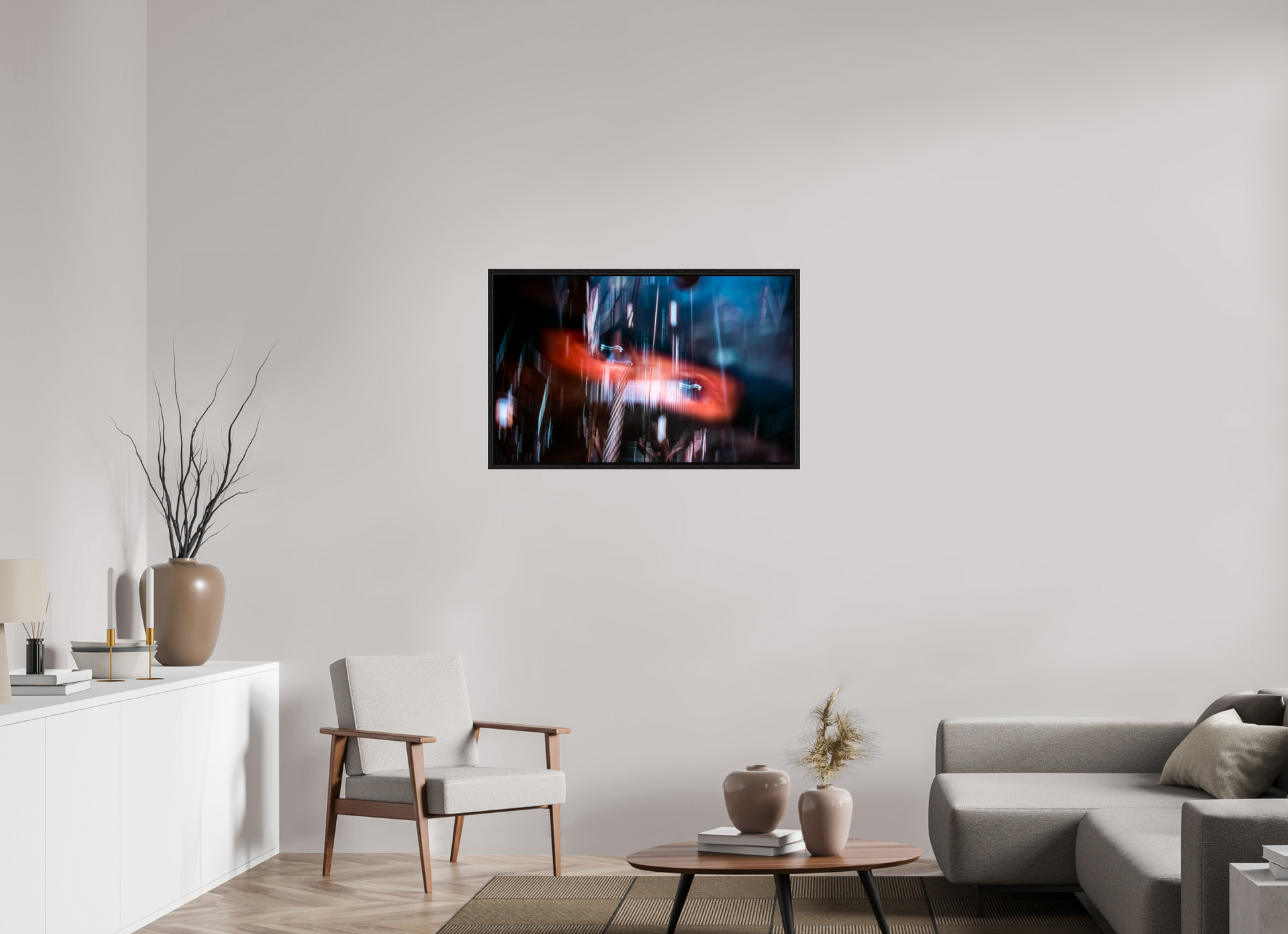 96 x 60 cm, Caisse américaine Noire Un sillage de lumière fend l'obscurité.