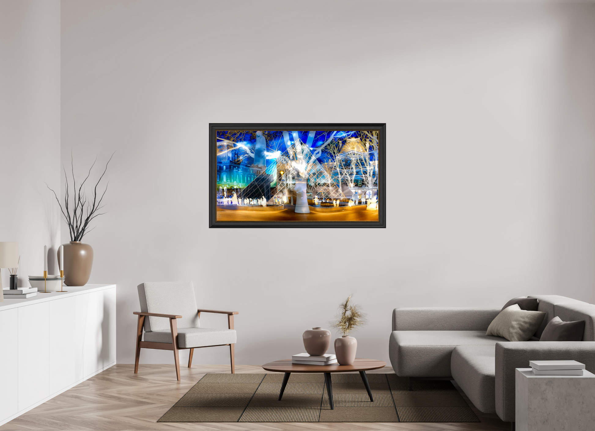 144 x 81 cm, 11 Cadre Noir-Or Sous la pyramide cette nuit-là, l’architecture a décidé de raconter l’histoire