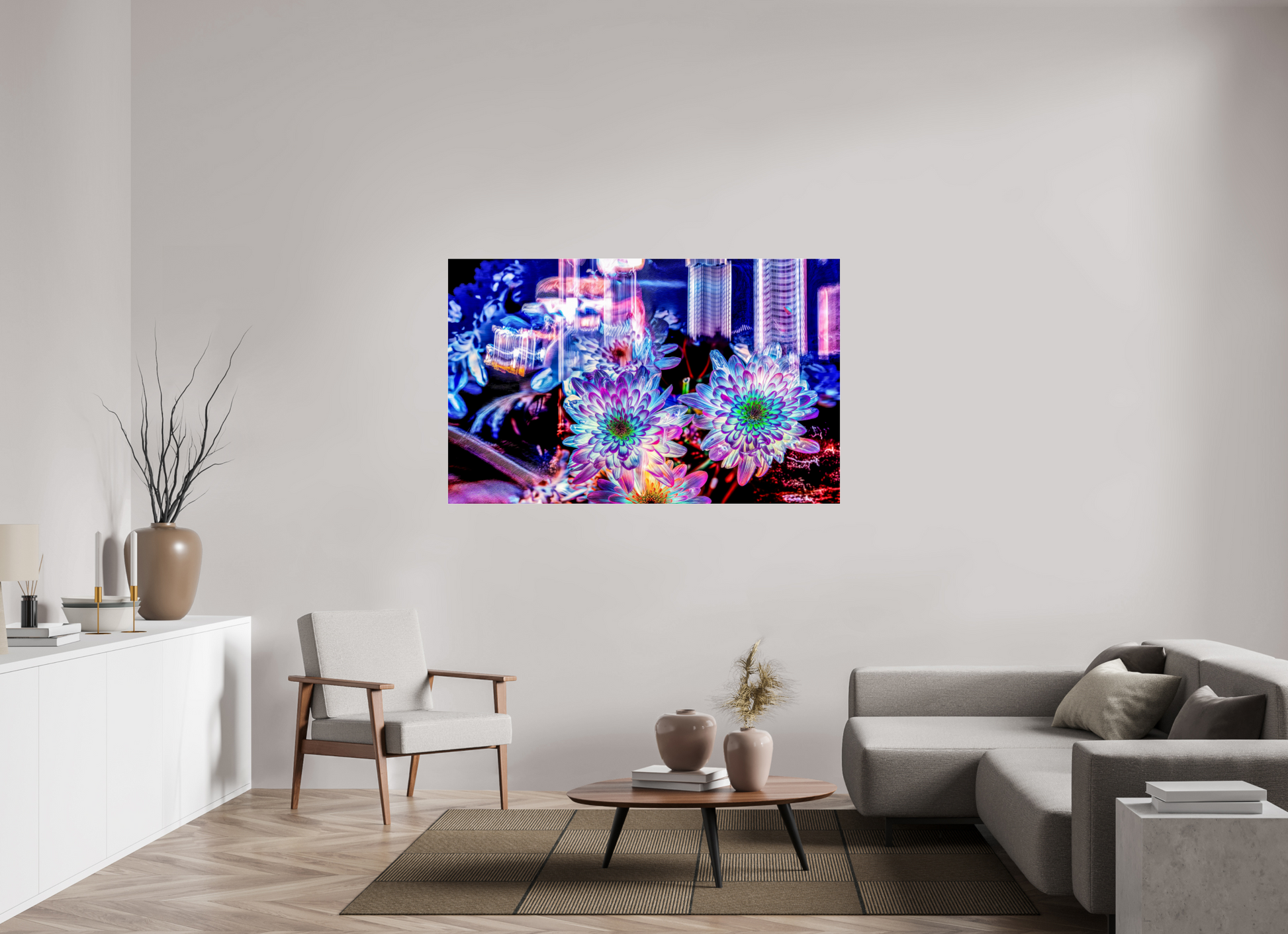 160 x 100 cm, 3 Tirage photo sous Verre acrylique Murmure floral suspendu entre deux éclairs