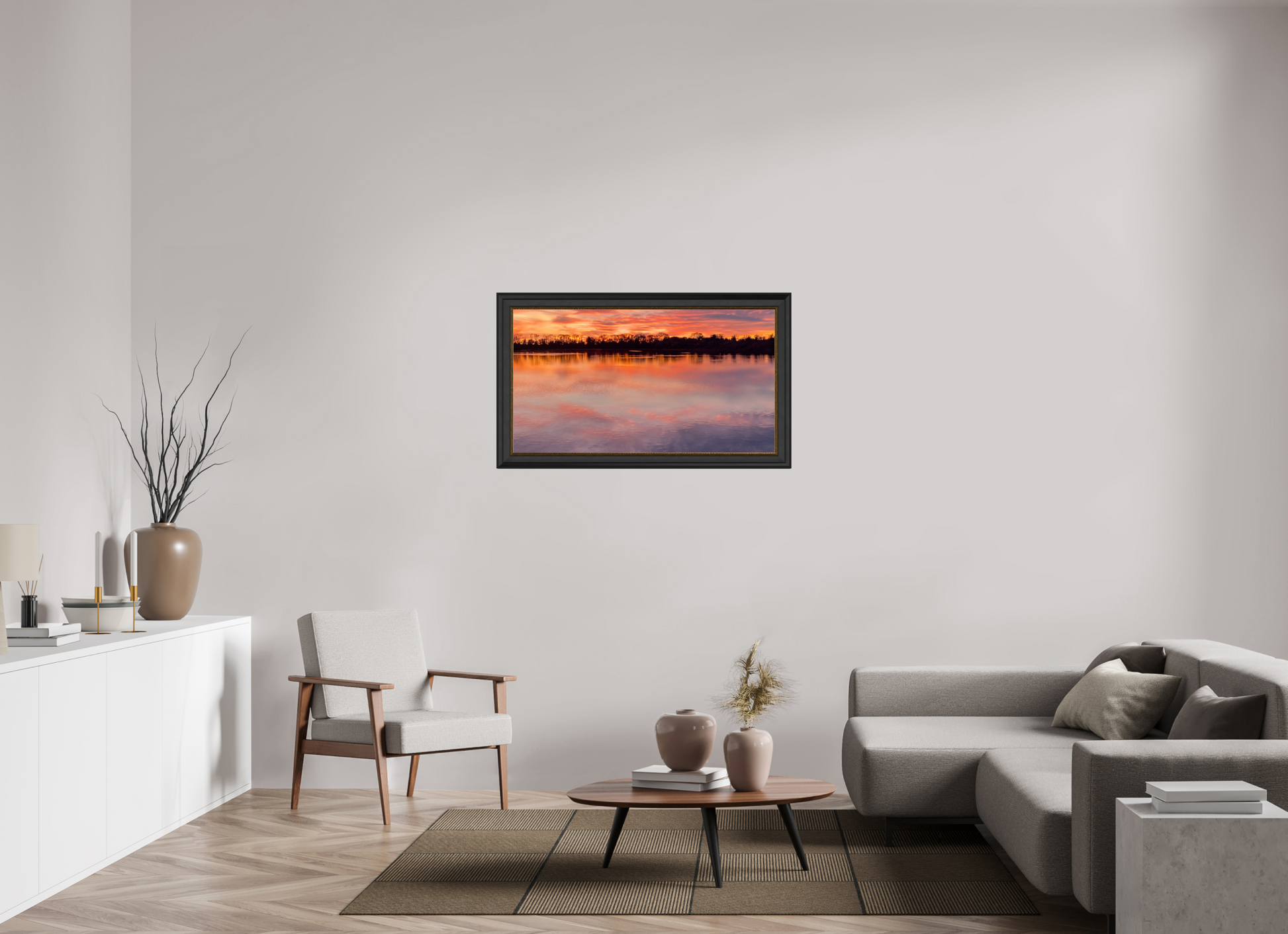 108,2 x 60 cm, Cadre Noir-Or Reflets d’un Même Ciel IV – L'Horizon en Fusion
