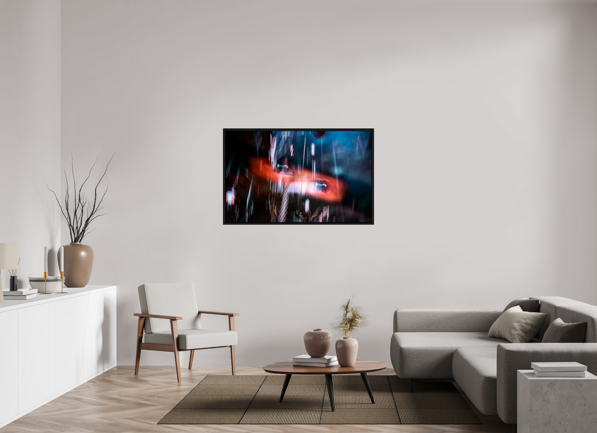 128 x 80 cm, Caisse américaine Noire Un sillage de lumière fend l'obscurité.