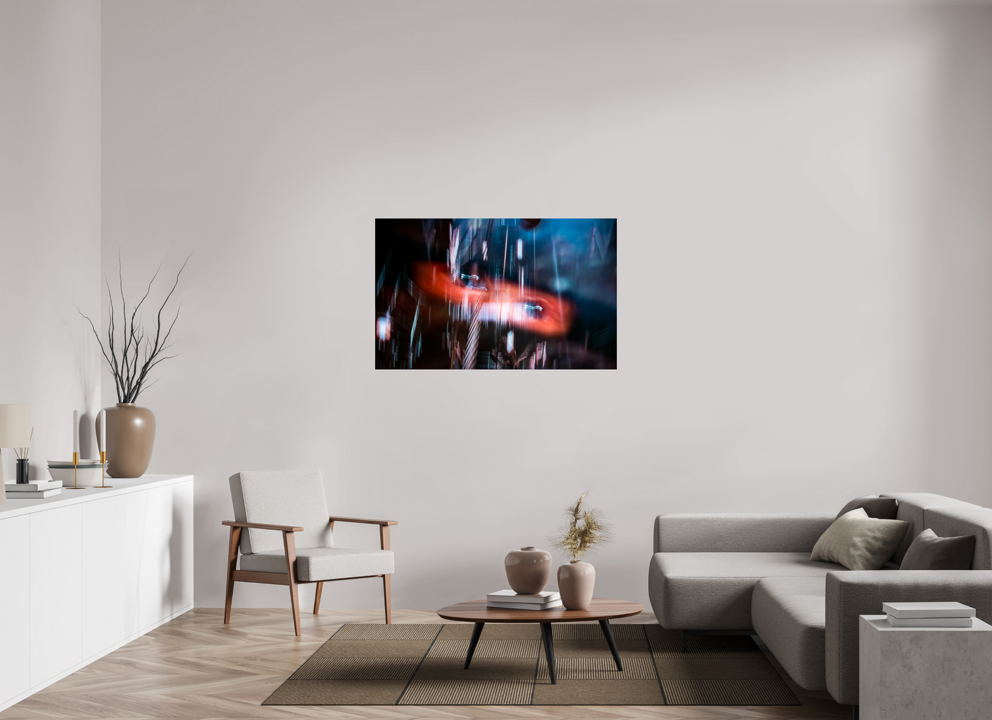 128 x 80 cm, Tirage photo sous Verre acrylique Un sillage de lumière fend l'obscurité.