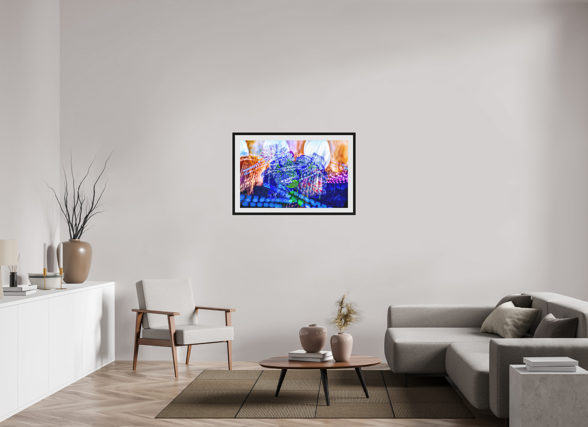 96 x 60 cm, Cadre Noir Flottant Le souffle lumineux des fleurs