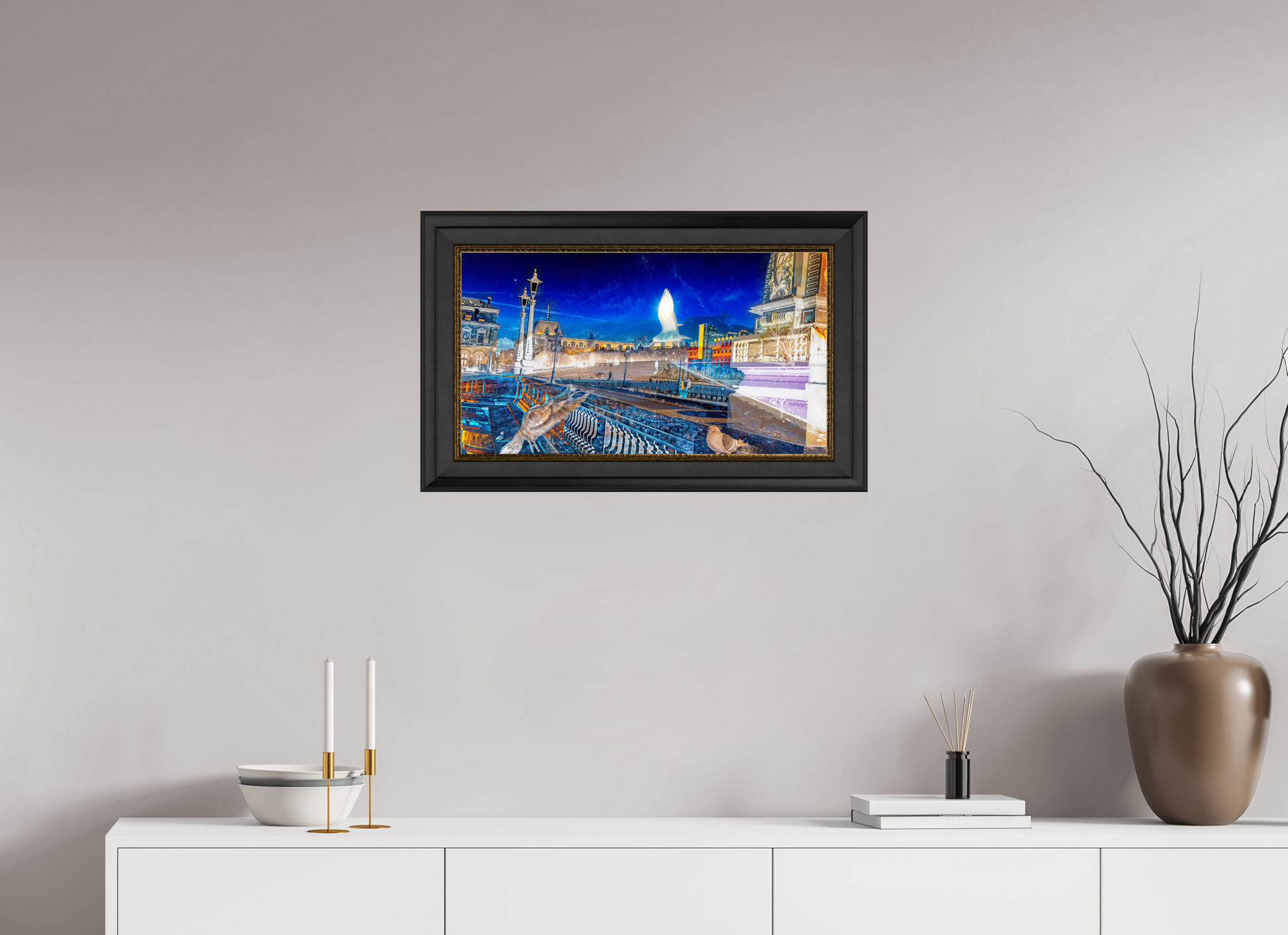 64 x 36 cm, 11 Cadre Noir-Or Les oiseaux gardaient la ville pendant que nous dormions