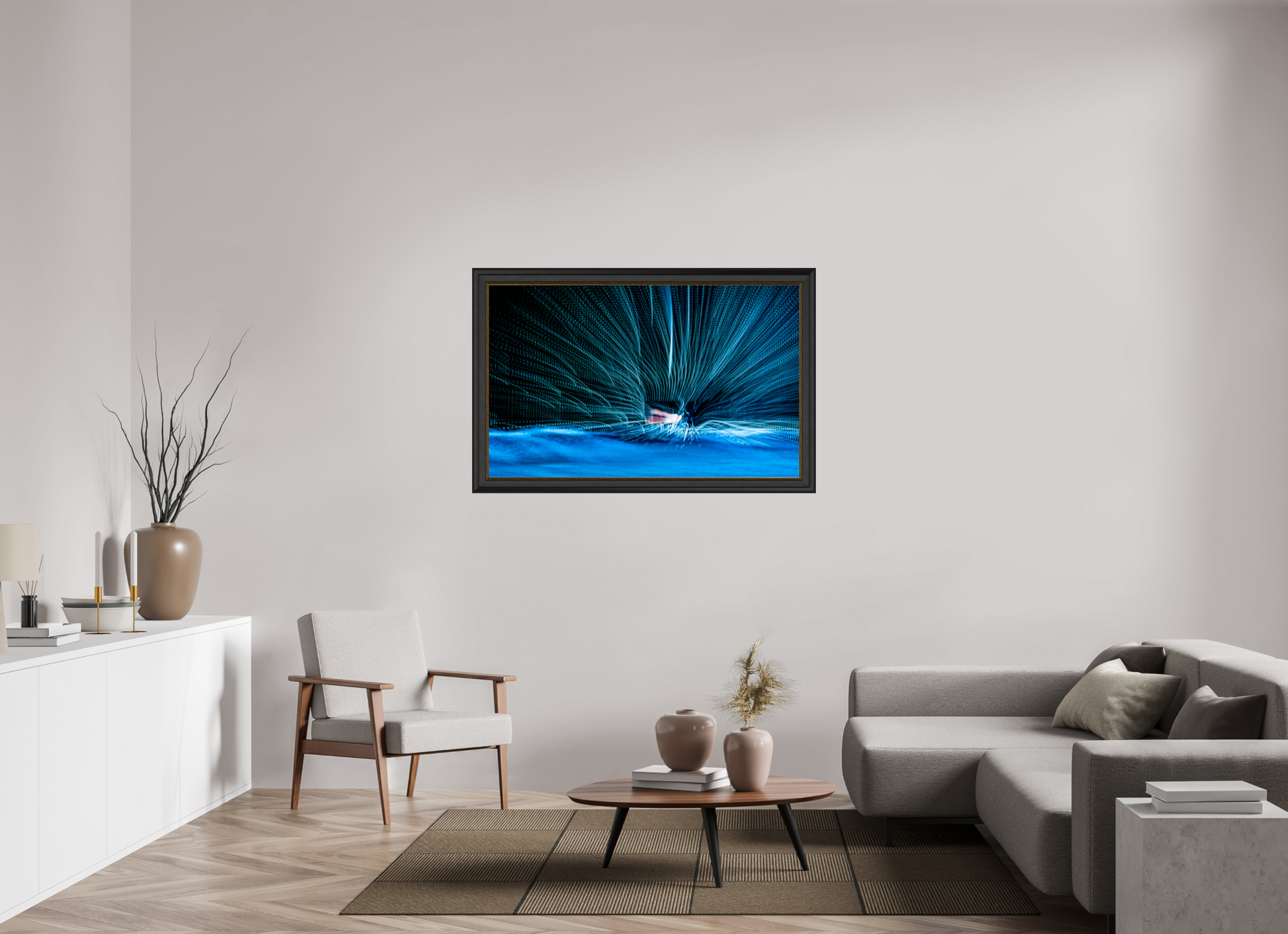 128 x 80 cm, Cadre Noir-Or Éventail de fibres