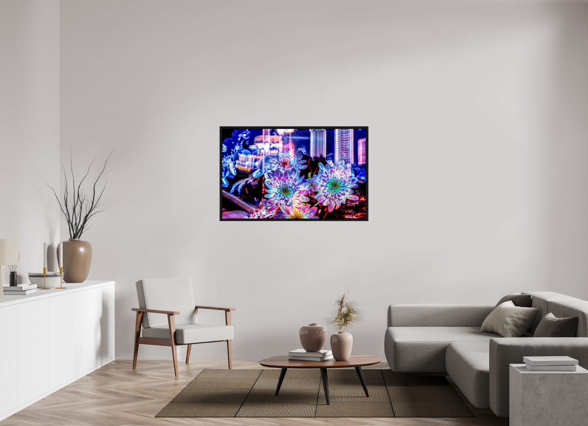 128 x 80 cm, Caisse américaine Noire Murmure floral suspendu entre deux éclairs